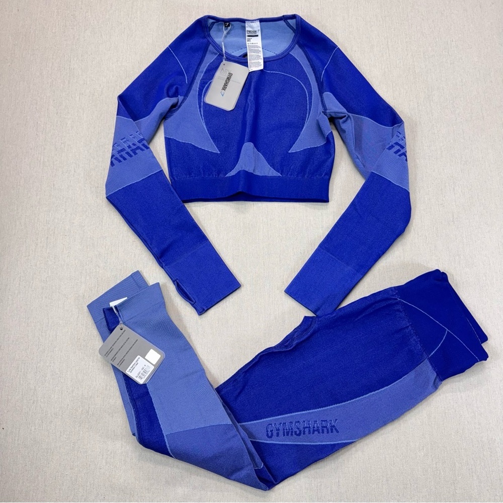 NWT Gymshark Woman’s  Turbo Seamless Crop Top& Leggings Set Cobalt Blue Sz M
